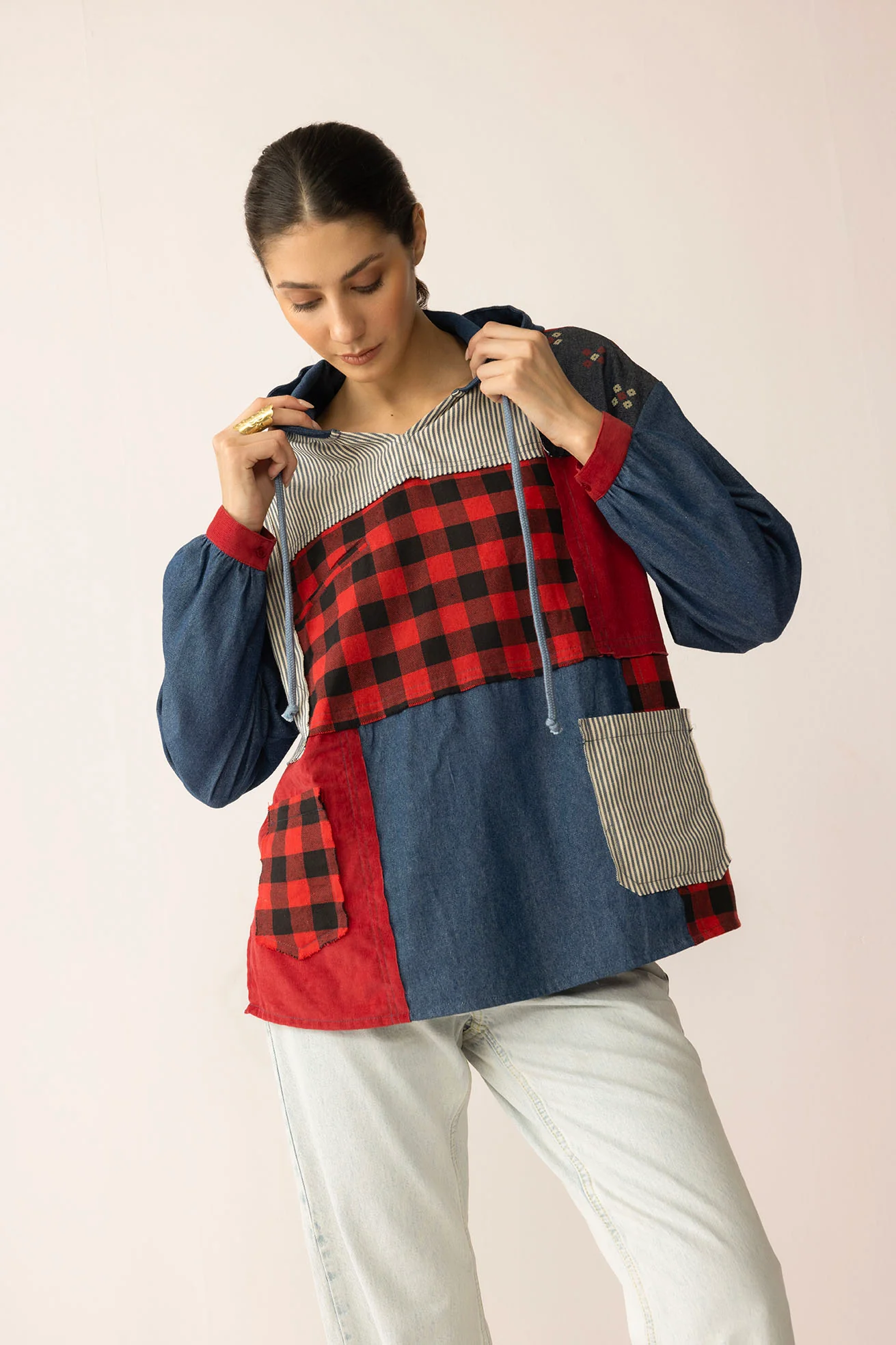 The Americana Patchwork Hoodie in Cherry Denim