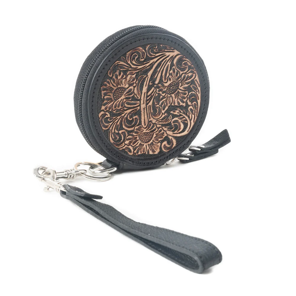 Botanic Bliss Handtooled Leather Coin Pouch in Golden Tan