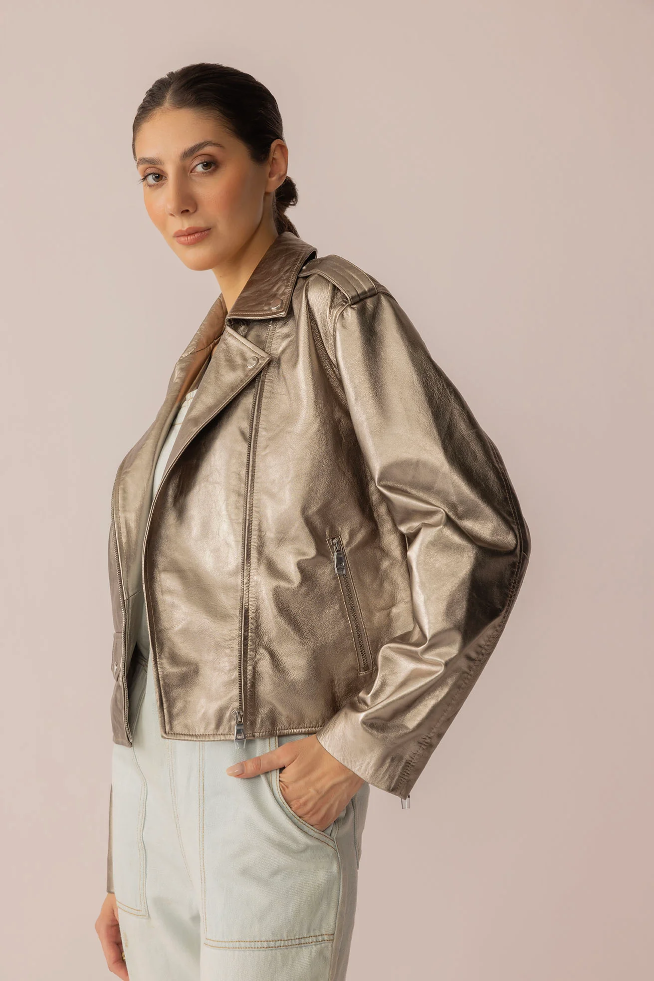 Astrid Shimmer Leather Jacket in Cosmic Silver
