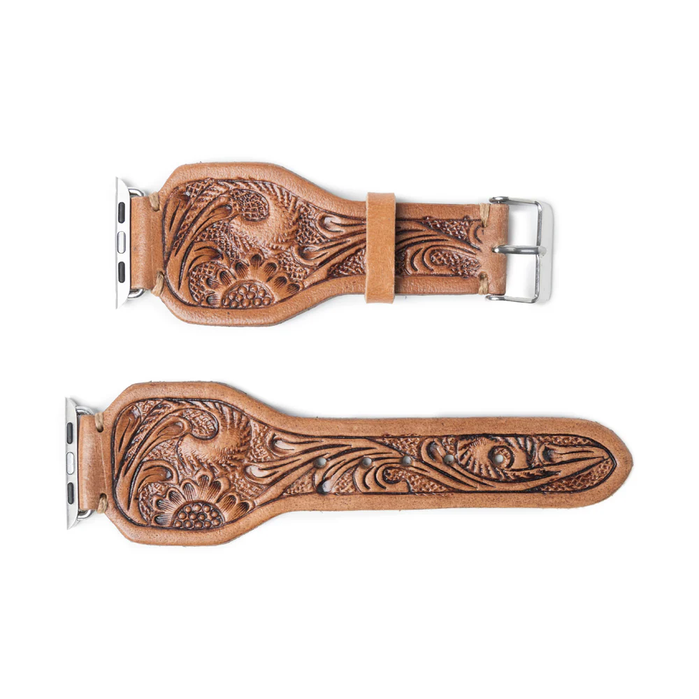 Lone Star Handtooled Leather Watch Band in Antique Saddle Brown