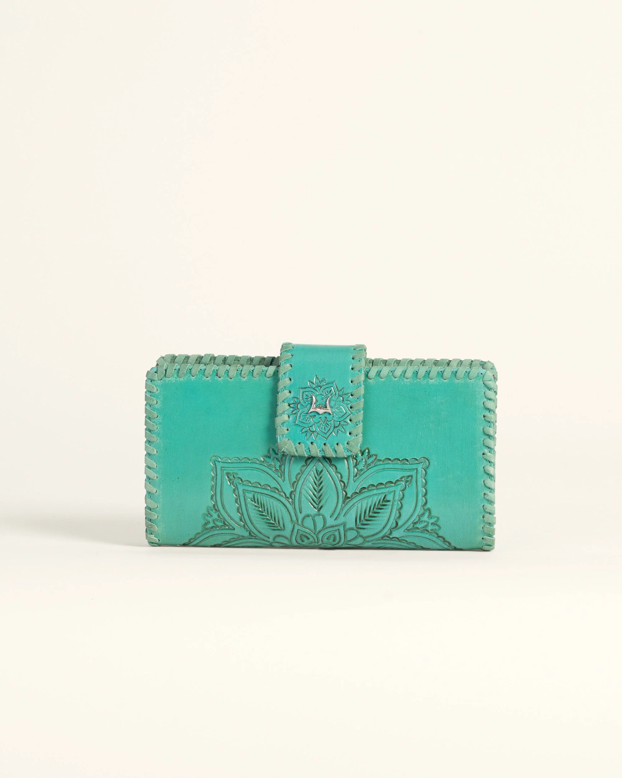 Loyal West Desert Lotus Wallet - Turquoise Handtooled Leather & Calfskin 1 7575-loyal-west-desert-lotus-wallet-turquoise-handtooled-leather-calfskin-1.webp