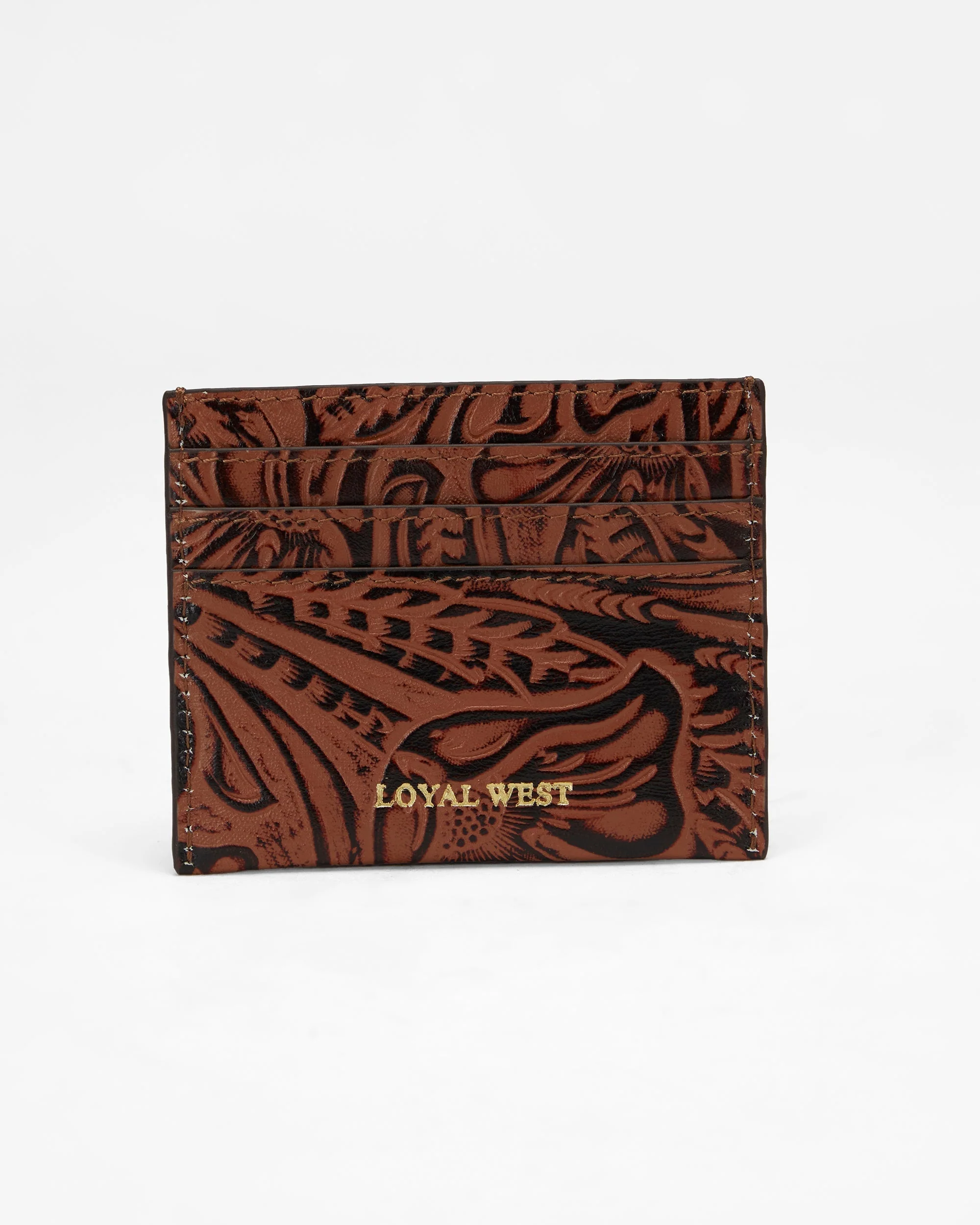 Loyal West SHELL CARD HOLDER IN HAND FINISHED EMBOSSED LEATHER - BROWN