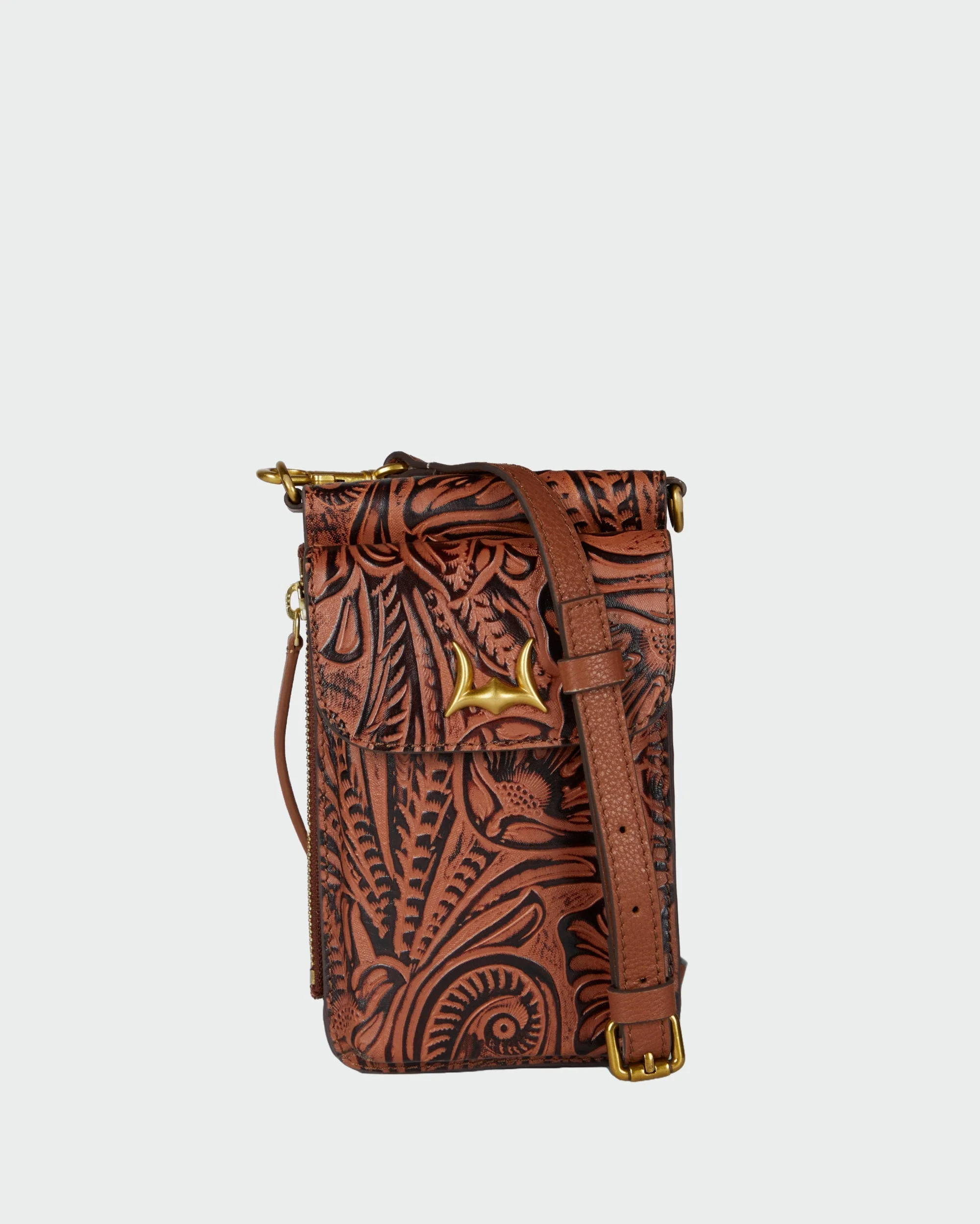 Loyal West SHELL PHONE BAG  IN HAND FINISHED EMBOSSED LEATHER - BROWN