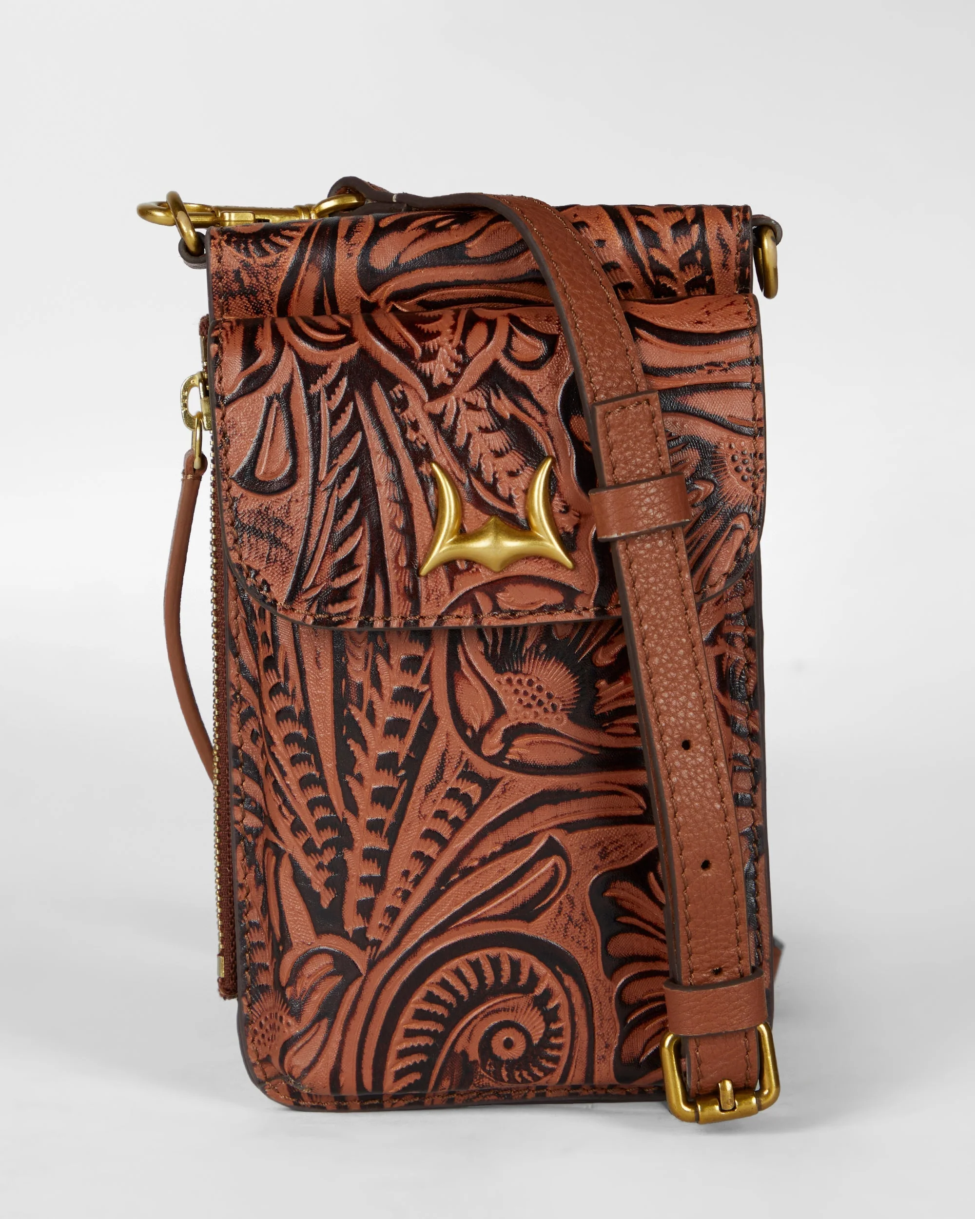 Loyal West SHELL PHONE BAG IN HAND FINISHED EMBOSSED LEATHER - BROWN