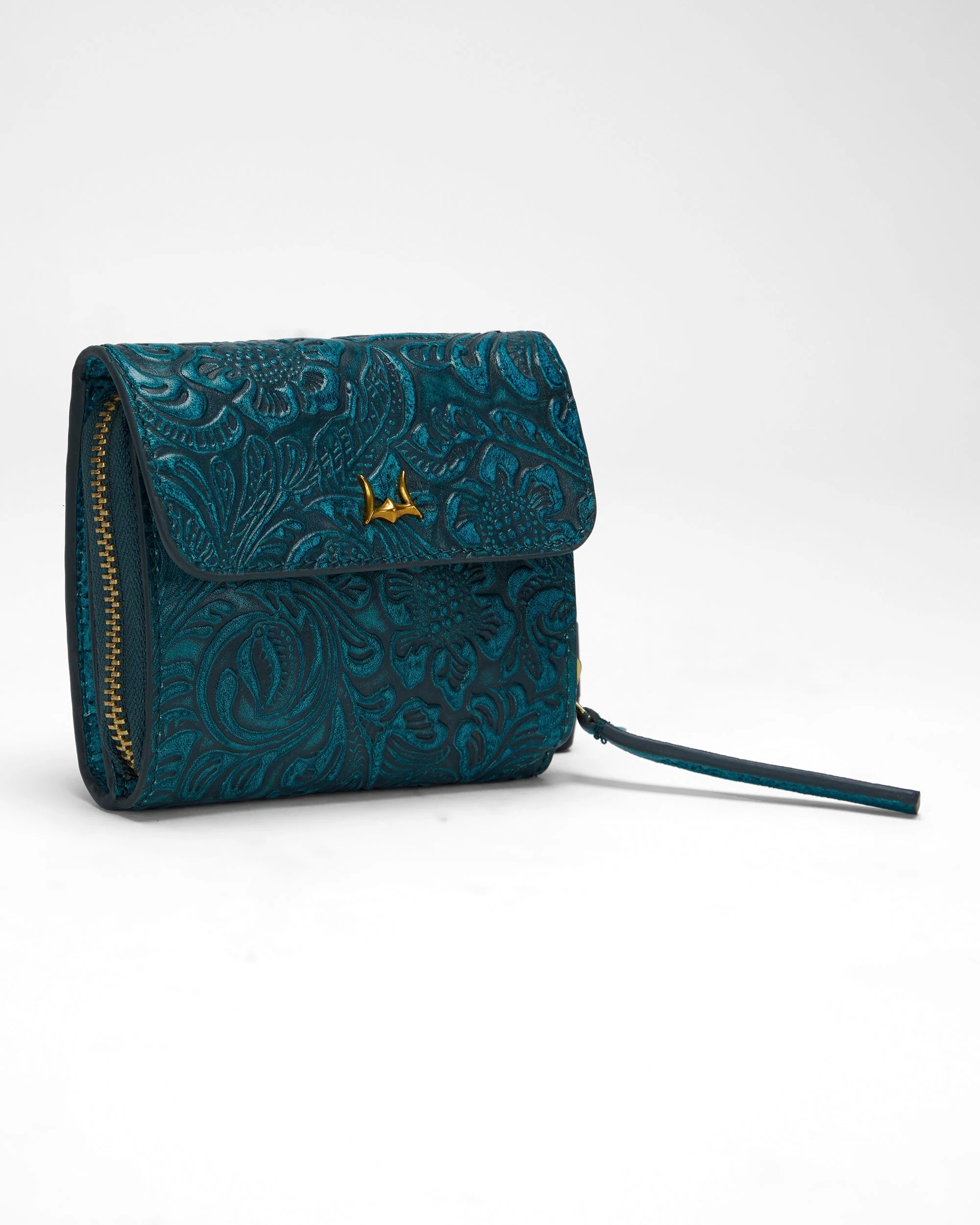 Loyal West SOPHIA CARD HOLDER IN HAND FINISHED EMBOSSED LEATHER - TURQUOISE