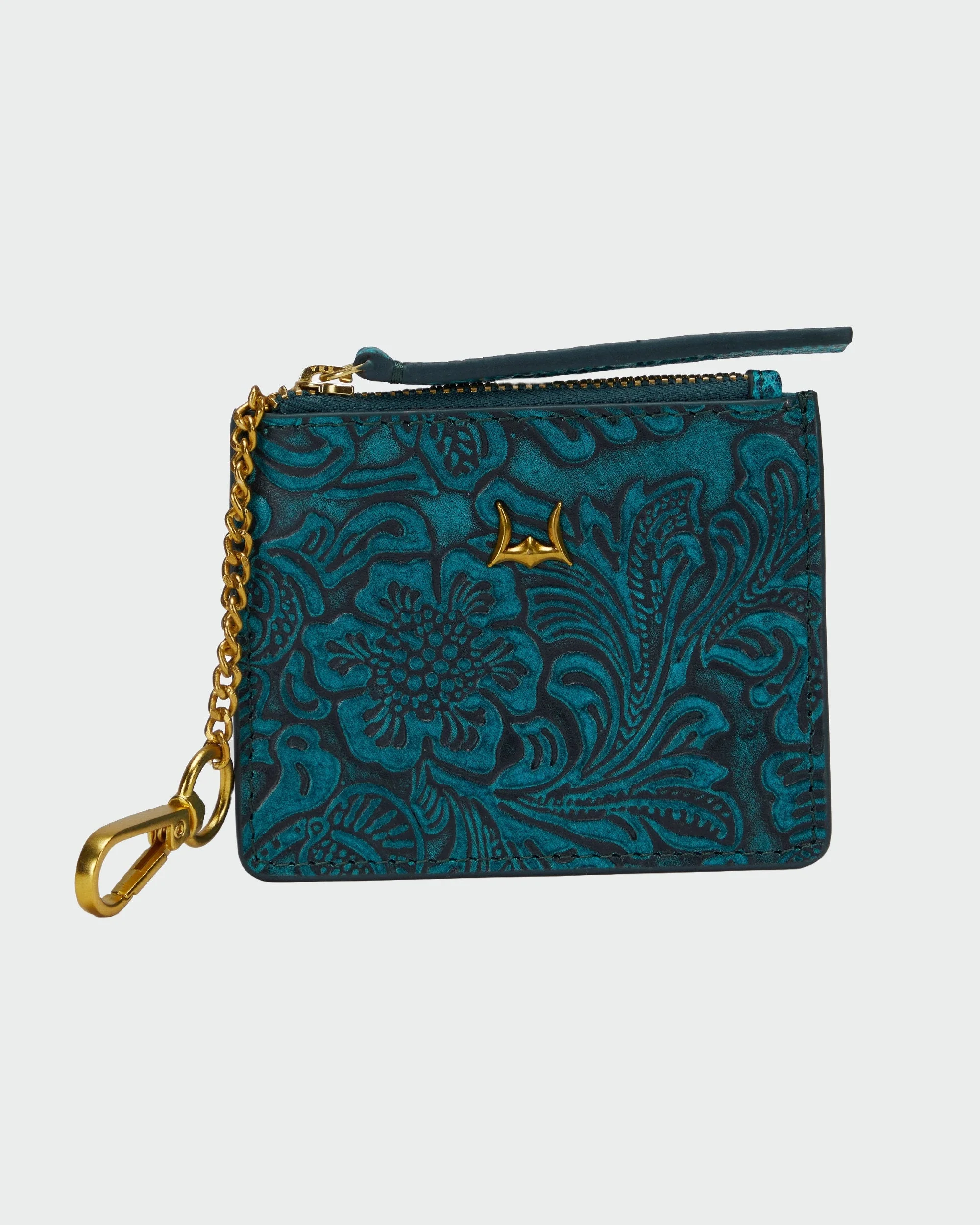 Loyal West SOPHIA CREDIT CARD HOLDER IN HAND FINISHED EMBOSSED LEATHER -  TURQUOISE