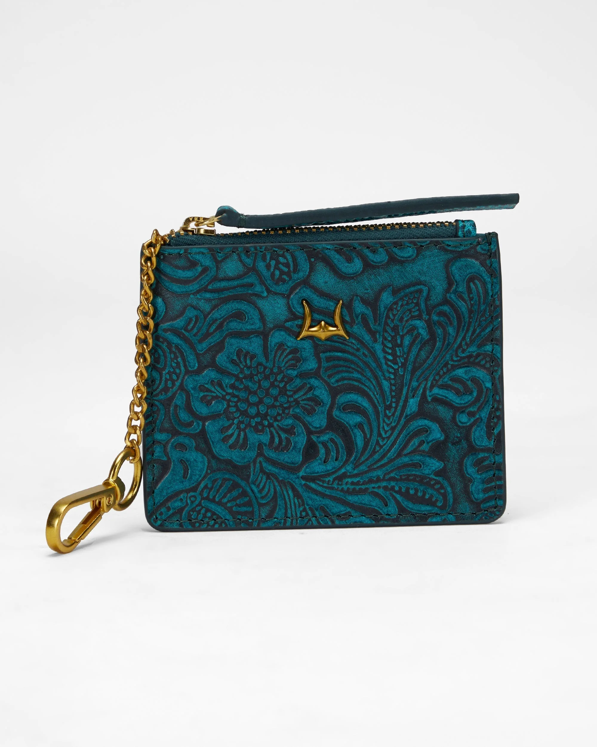 Loyal West SOPHIA CREDIT CARD HOLDER IN HAND FINISHED EMBOSSED LEATHER - TURQUOISE