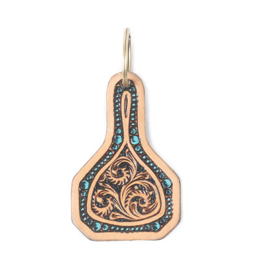 Meadow Drop Tooled Leather Key Fob in Vintage Brown