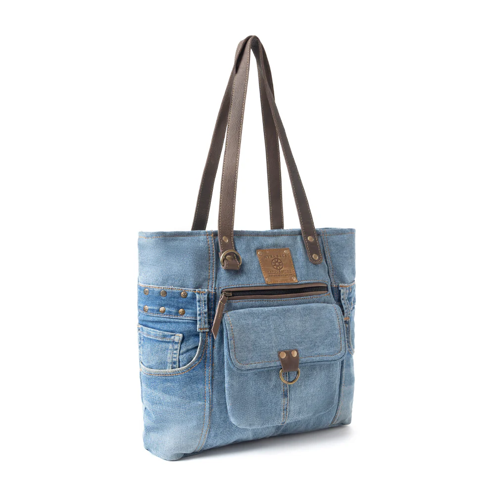 Myra Ashley Adventure Denim Leather Tote Bag - Multi-Compartment Western Bag with Sturdy Leather Handles for Easy Carry