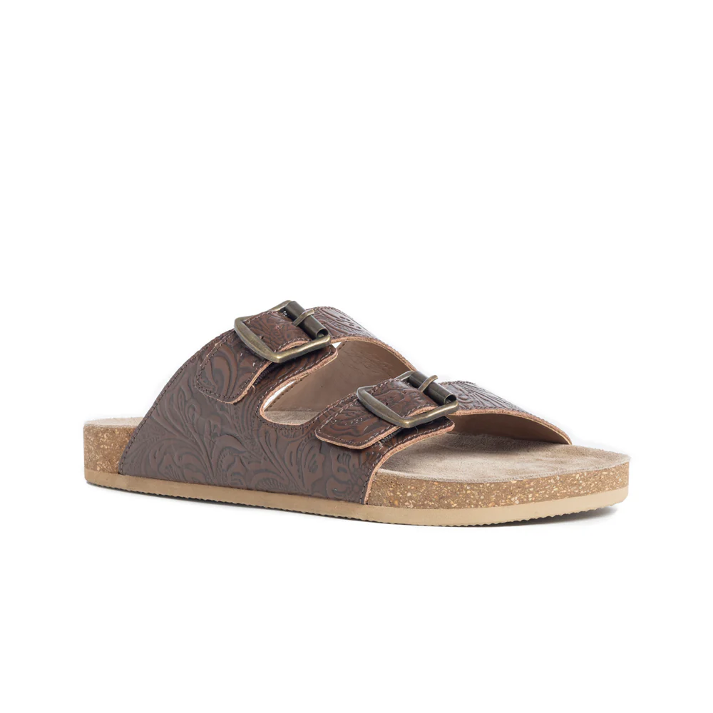 Myra Cedarstone Leather Flats for Women - Embossed Leather Sandals with Cushioned Cork Sole for Daily Comfort