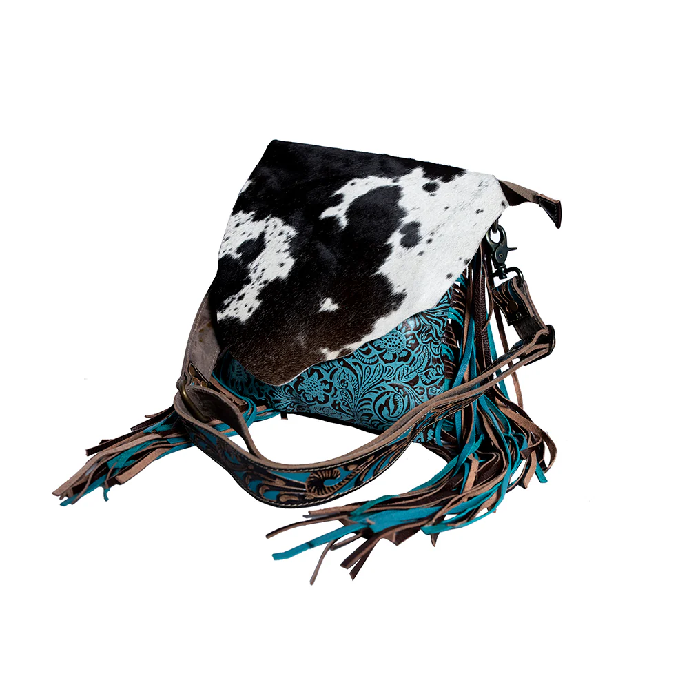 Myra Cobal Blue Concealed Carry Bag â Hair-On Leather Crossbody with Embossed Turquoise Panel and Fringe Detailing