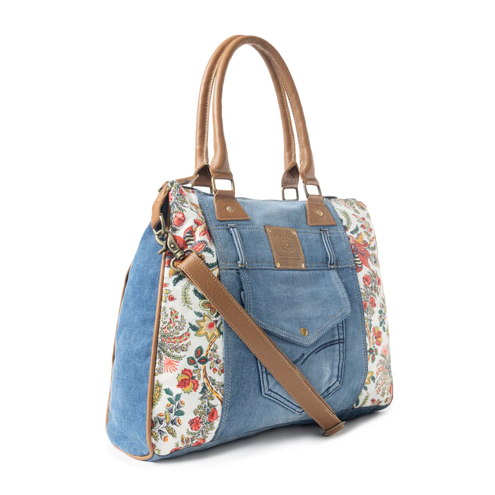 Myra Crimson Glade Floral Canvas Tote Bag - Dual Handle Leather Strap Upcycled Denim Bag for Fun Outings