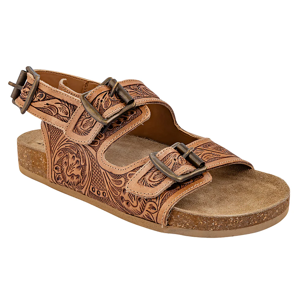 Myra Dixon Trails Handtooled Sandals for Women - Rodeo Chic Flat Slides with Adjustable Ankle Straps Everyday Western Style