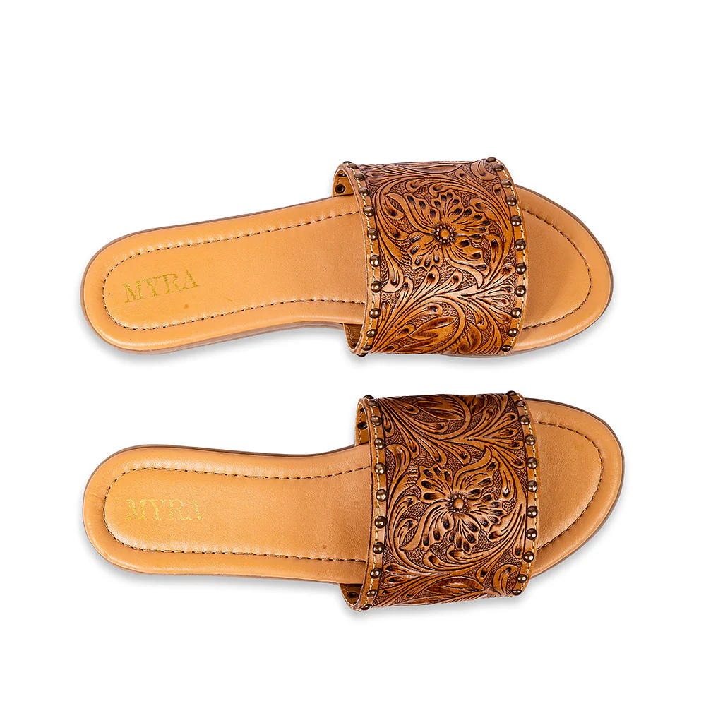 Myra Ellie Leather Flat Sandals for Women - Ranch-Ready Handtooled Flats with a Stylish, Textured Look