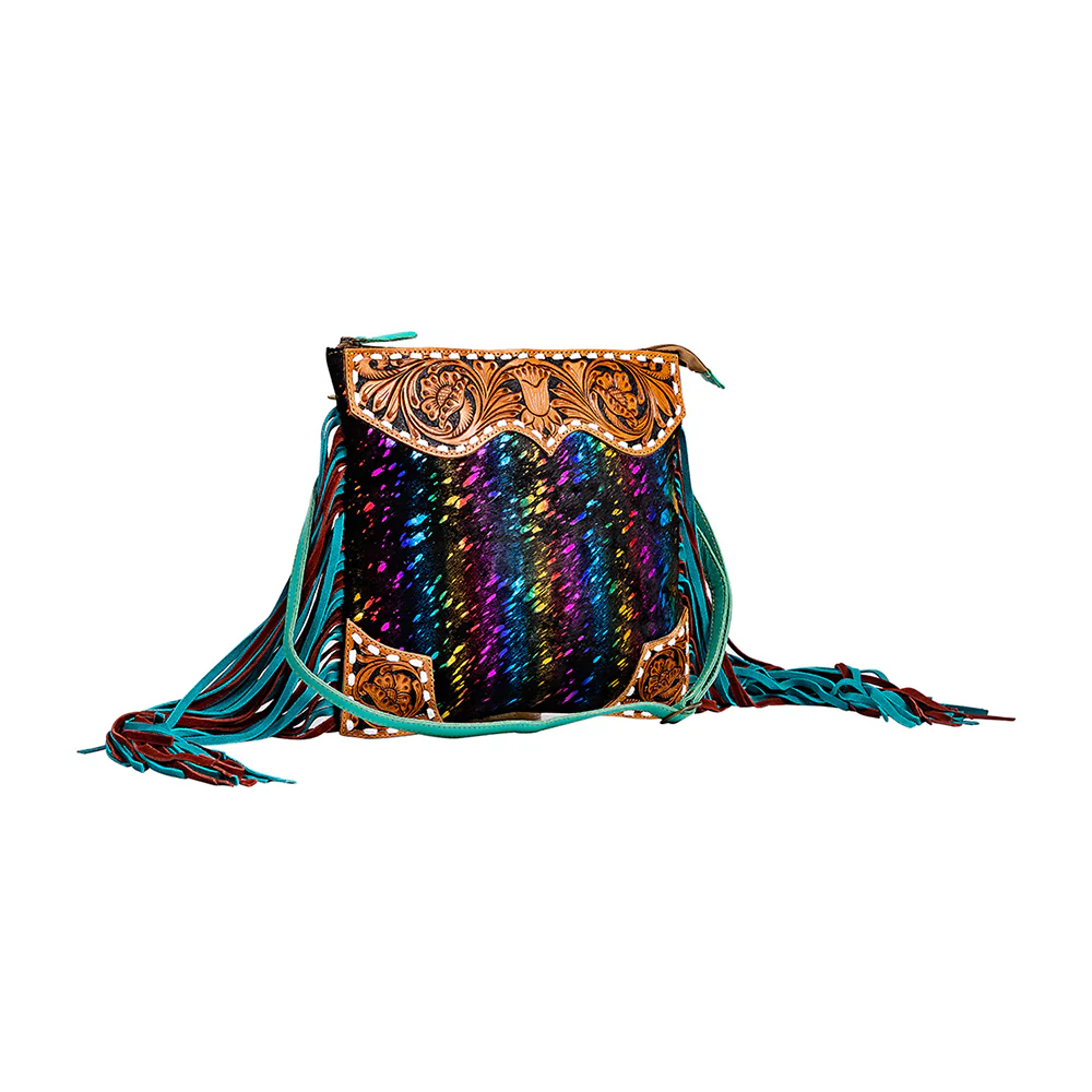 Myra Galaxy Fire Foil Hair-On Sling Bag - Hand-Tooled Fringe Crossbody for Concerts, Carnivals, and a Statement Western Look