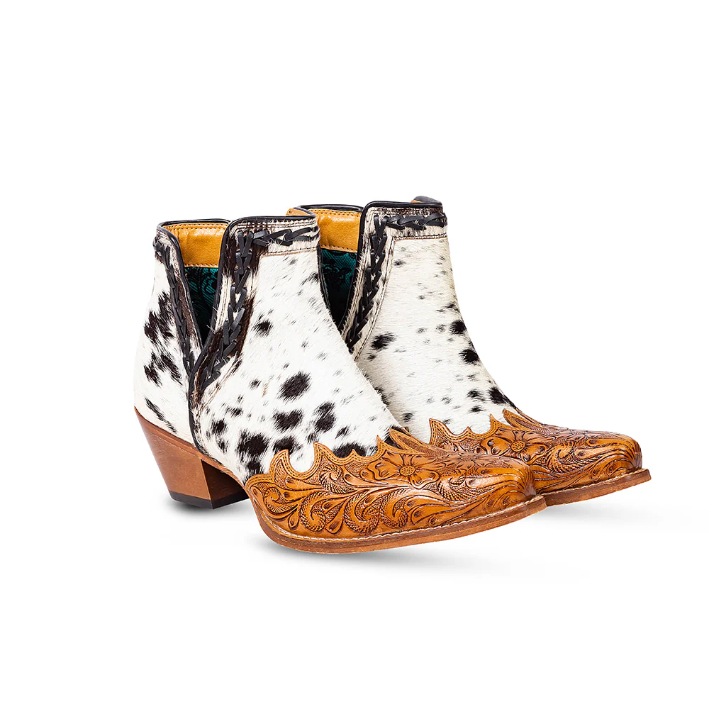 Myra Georgina Hairon Boots for Women - Spilt-Top Handtooled Pointed Toe Cowgirl Boots for Rustic Rodeo Glam
