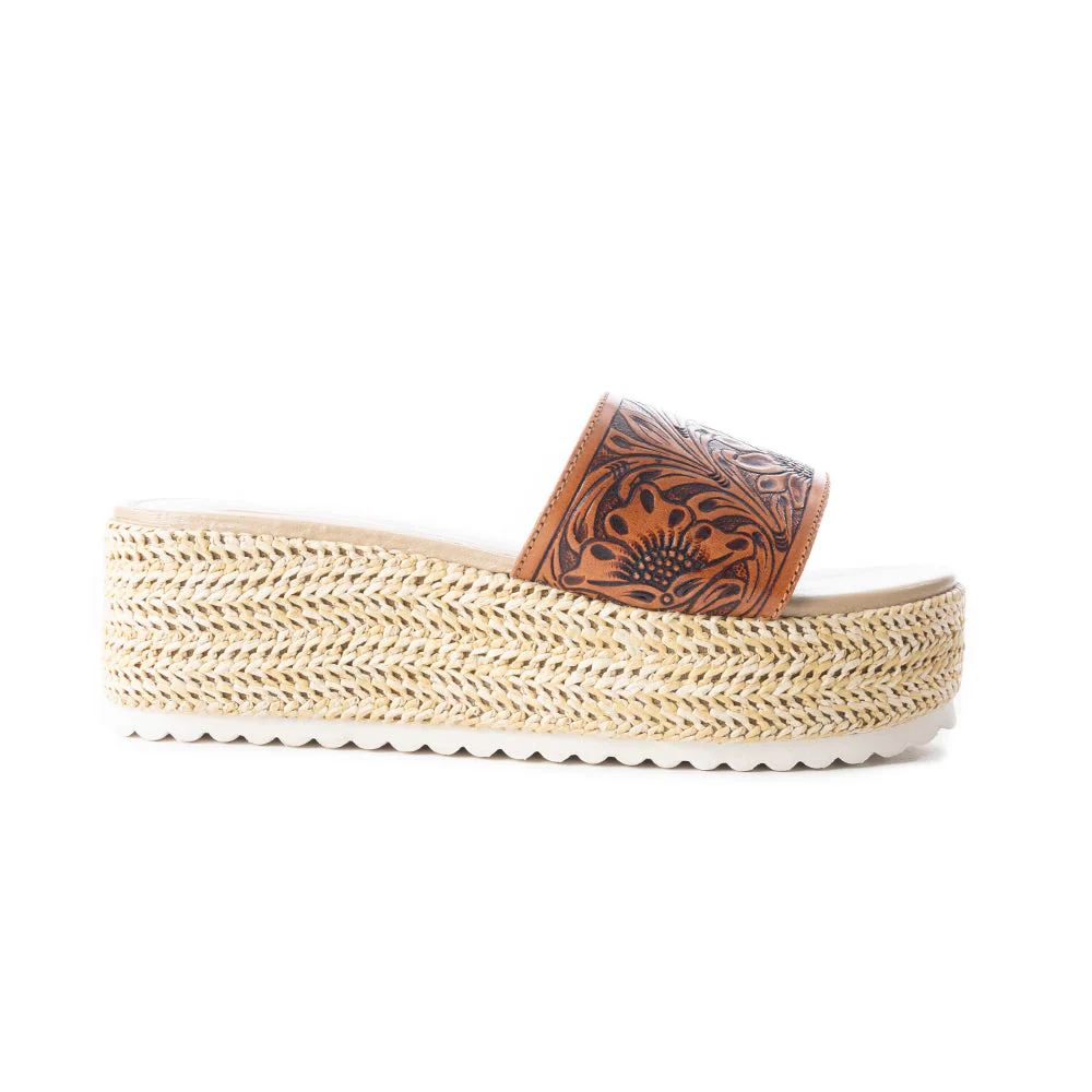 Myra Gloriana Leather Sandals for Women - Casual Platform Sandals with Western Handtooled Floral Finish