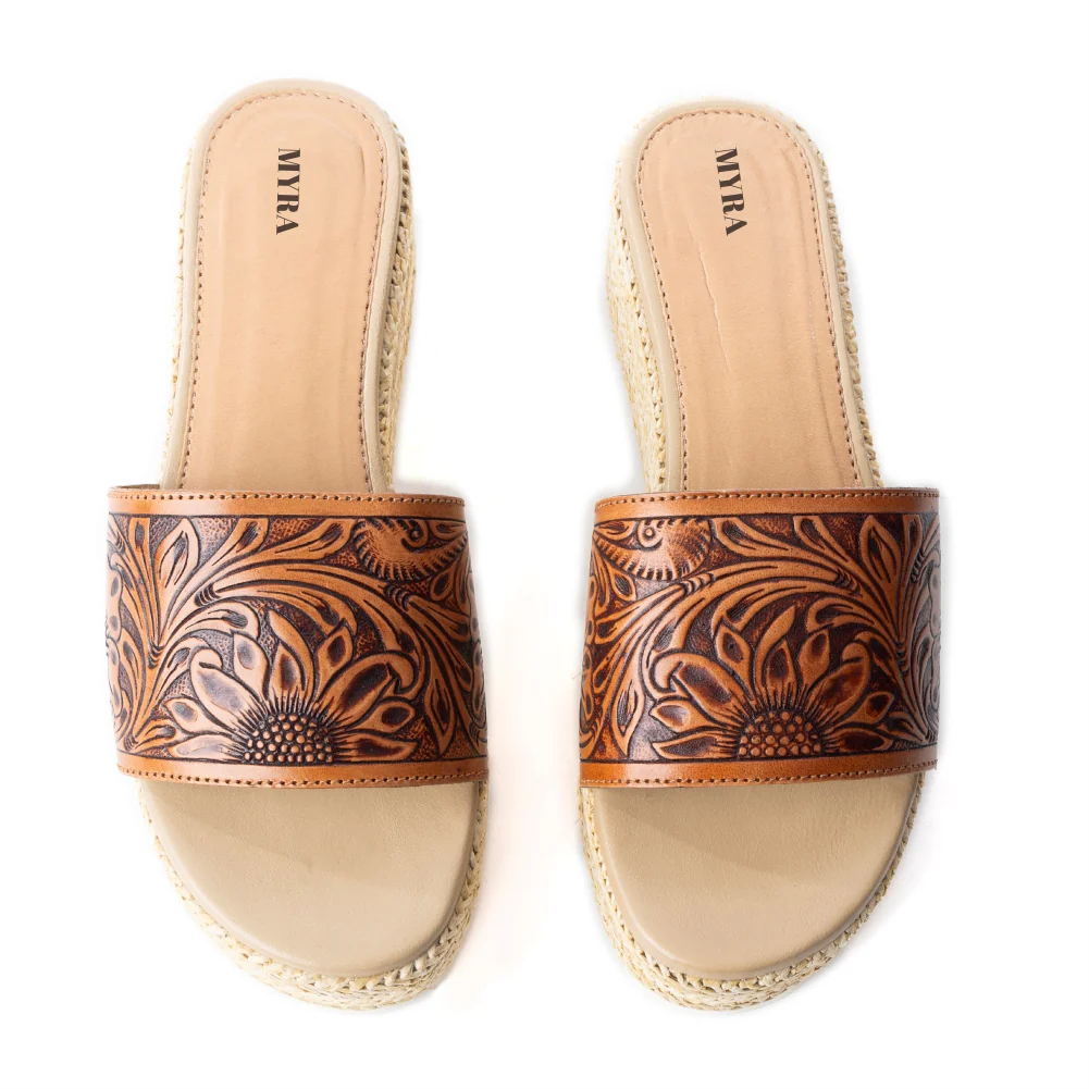 Myra Gloriana Leather Sandals for Women - Casual Platform Sandals with Western Handtooled Floral Finish