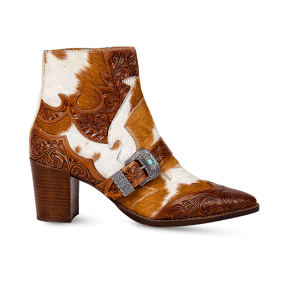 Myra Goldie Hairon Leather Boots for Women - Ankle Boots with Handtooled Leather Accents & Block Heels for Carnival Fun
