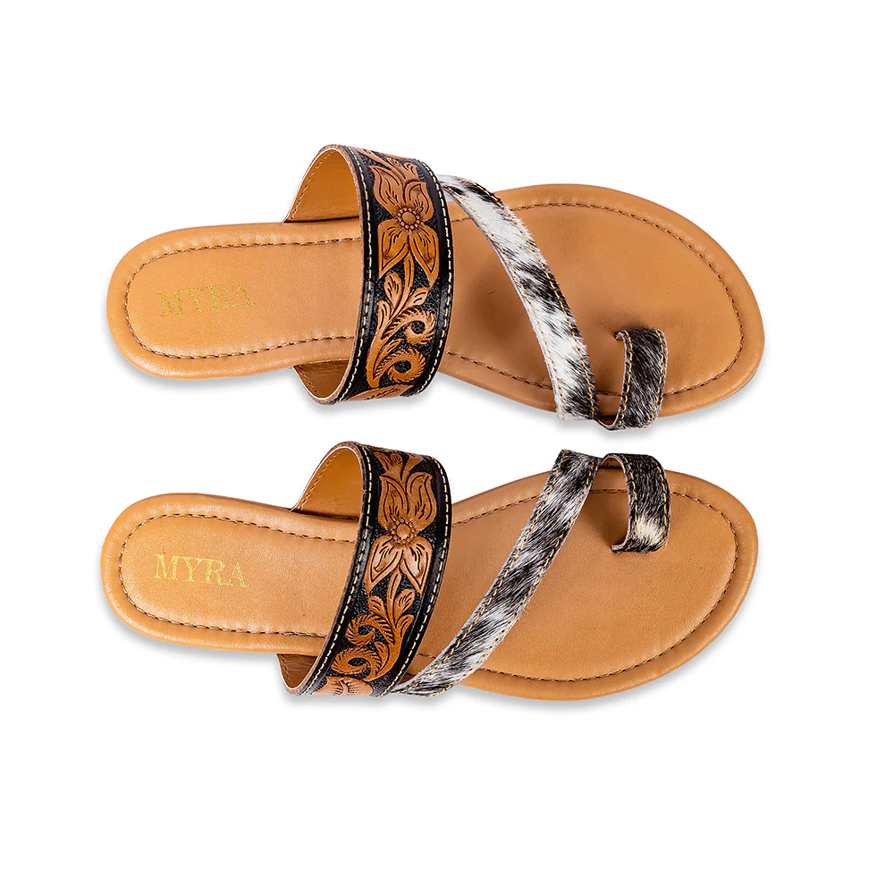 Myra Greta Lee Hair-On Leather Flip Flops for Women - Hand-Tooled Western Slippers with Flat Sole for Everyday Ease