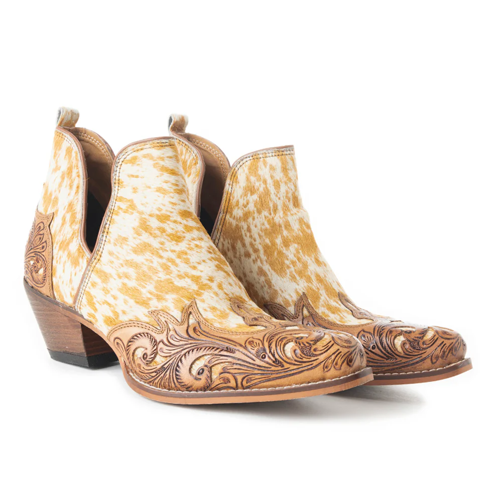 Myra Horse Jane Hairon Leather Booties - Handtooled Western Carnival Boots for Bold Southern Souls