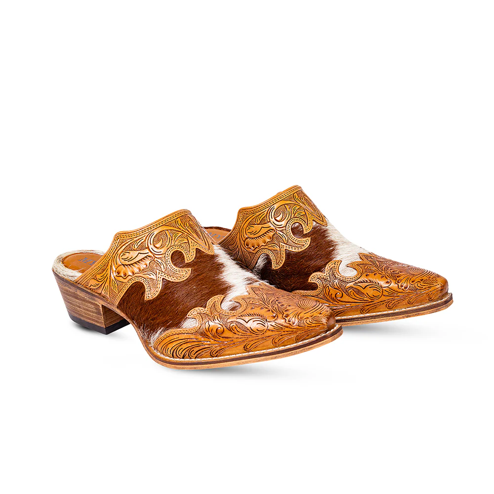 Myra Lacey Leather Mules for Women - Handtooled Leather Mid Top with Hairon Accents for Everyday Rodeo Elegance