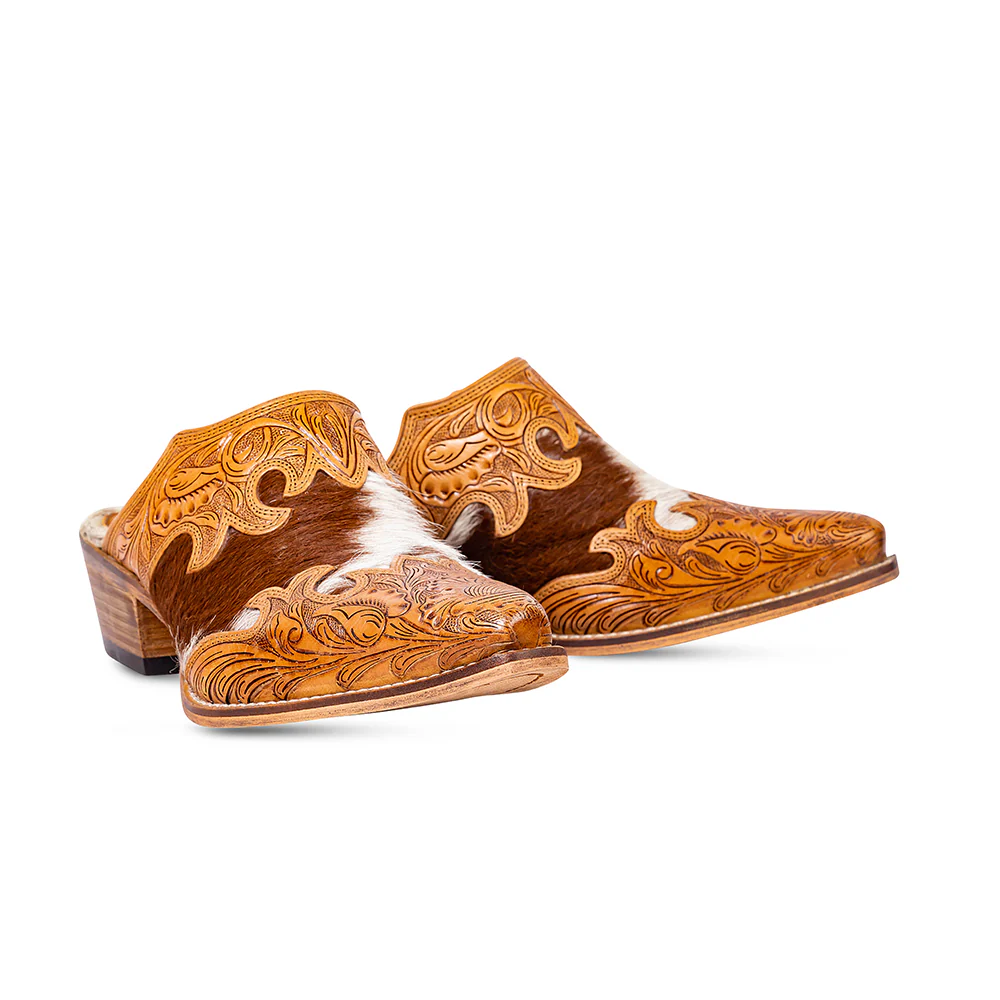 Myra Lacey Leather Mules for Women - Handtooled Leather Mid Top with Hairon Accents for Everyday Rodeo Elegance