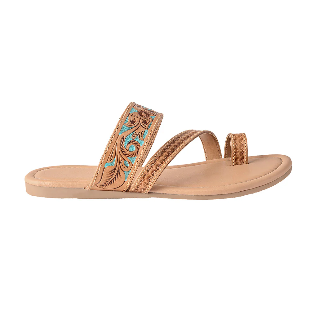 Myra Lannie Mae Handtooled Leather Slides for Women â Handstitched, Toe-Loop Slippers for Everyday Summer Comfort