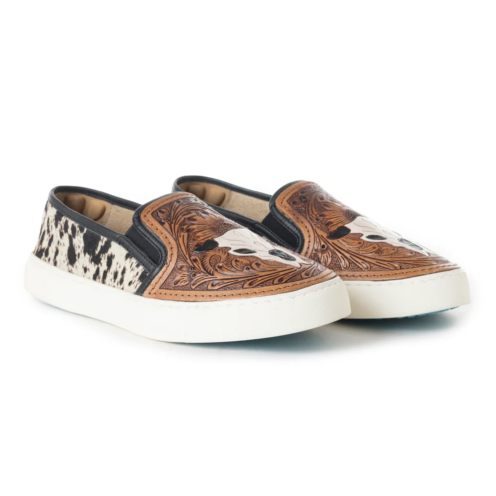 Myra Reflexo Textured Leather Slip-Ons -  Hairon Cowhide & Floral Tooling Comfort Sneakers for Women