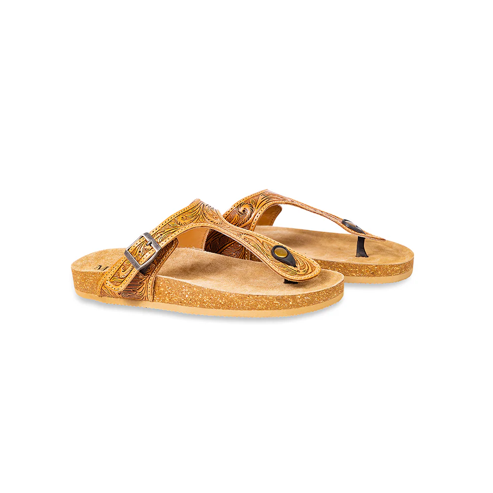 Myra Sadie Mesa Leather Slides for Women - Cushioned Cork Sole, Floral Tooled Finish for Everyday Elegance