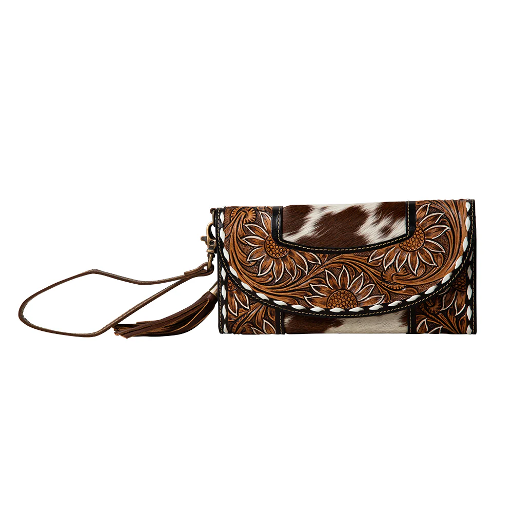 Myra Sandstone Trail Hairon Wristlet Wallet - Handtooled Leather with Western Floral Pattern and Tassel Strap for Easy Use 1 9209-myra-sandstone-trail-hairon-wristlet-wallet-handtooled-leather-with-western-floral-pattern-and-tassel-strap-for-easy-use-1.webp