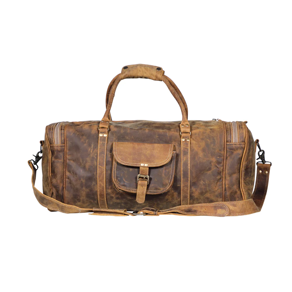 Myra Soulful Leather Traveller Bag - Cowgirl-Inspired Duffle Bag with Buckled Pocket and Sturdy Handles for Rustic Getaways