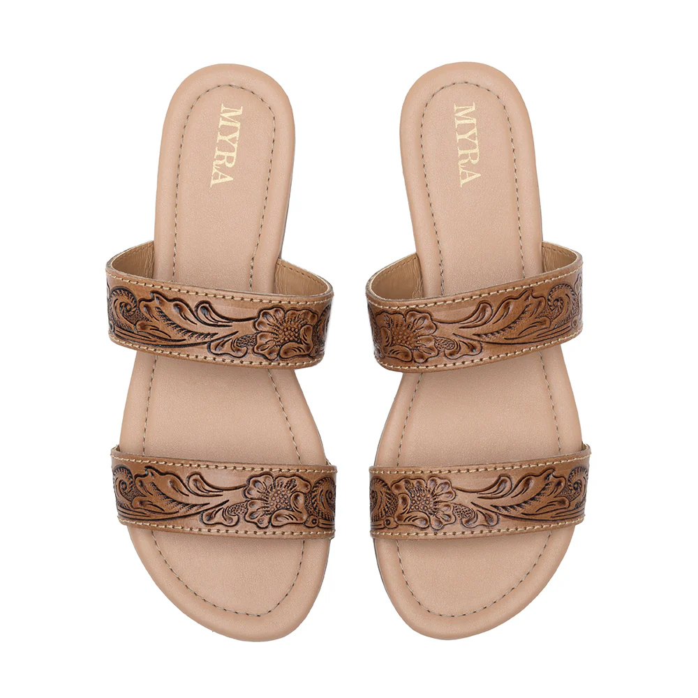 Myra Terra Trails Tan Leather Flats for Women - Handtooled Ranch Sandals with Open-Toe Ease for Everyday Comfort
