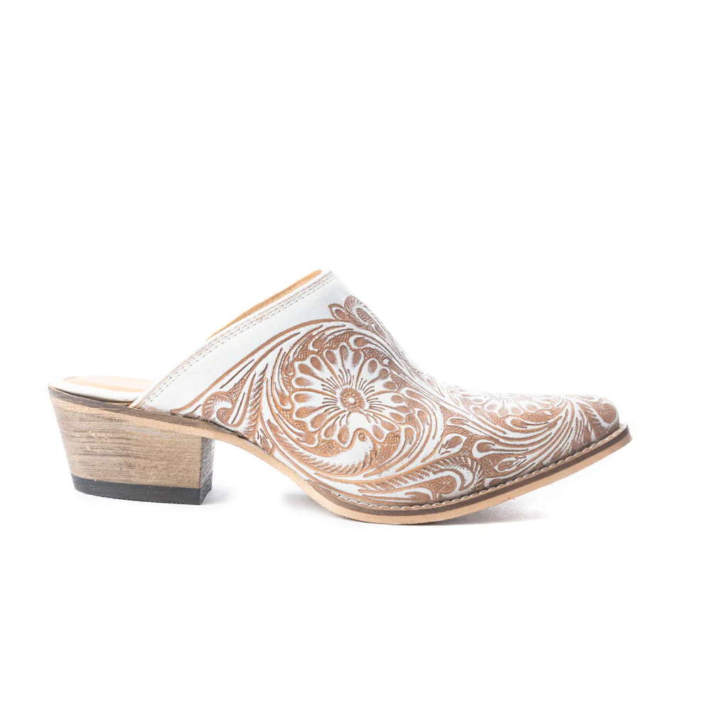 Myra Valeria White Leather Mules for Women - Handtooled Desert Bloom Pattern with Block Heels for Stylish Comfort