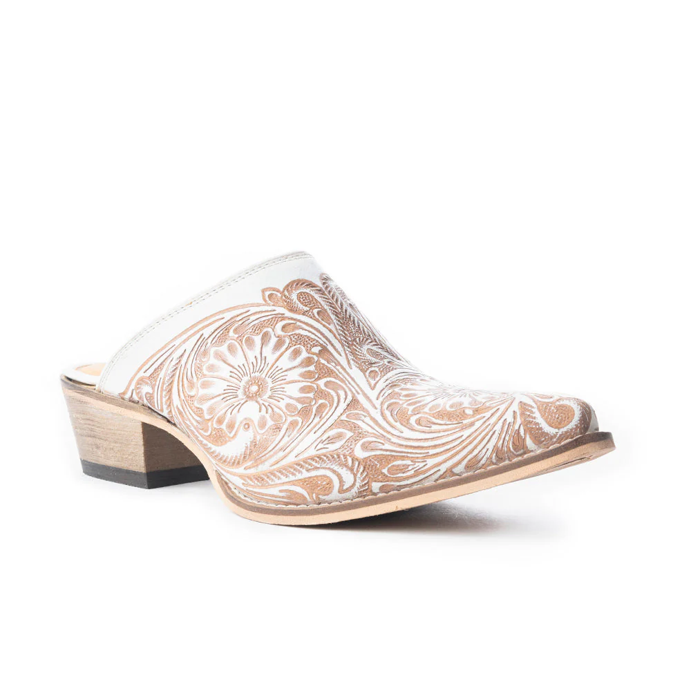 Myra Valeria White Leather Mules for Women - Handtooled Desert Bloom Pattern with Block Heels for Stylish Comfort