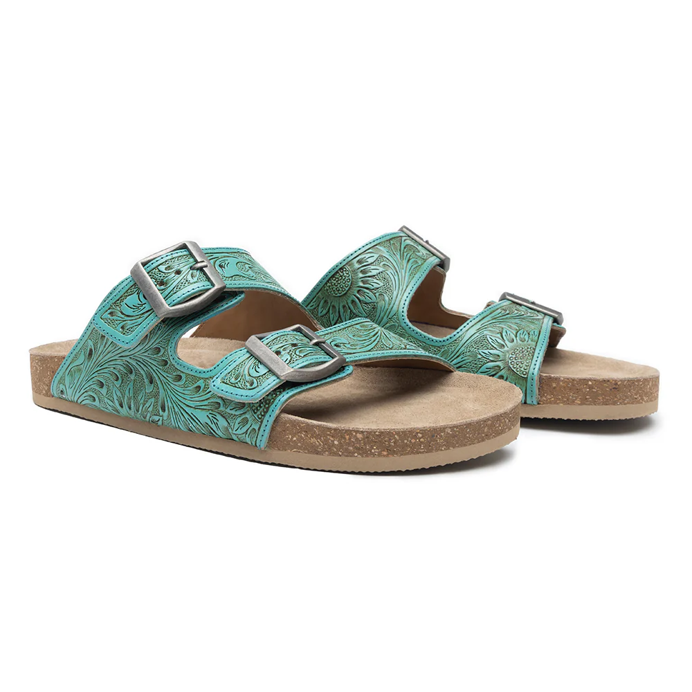 Myra Verdent Ranges Leather Sandals - Handtooled Dual Buckle Sandals with Soft Cushioning for Everyday Cool