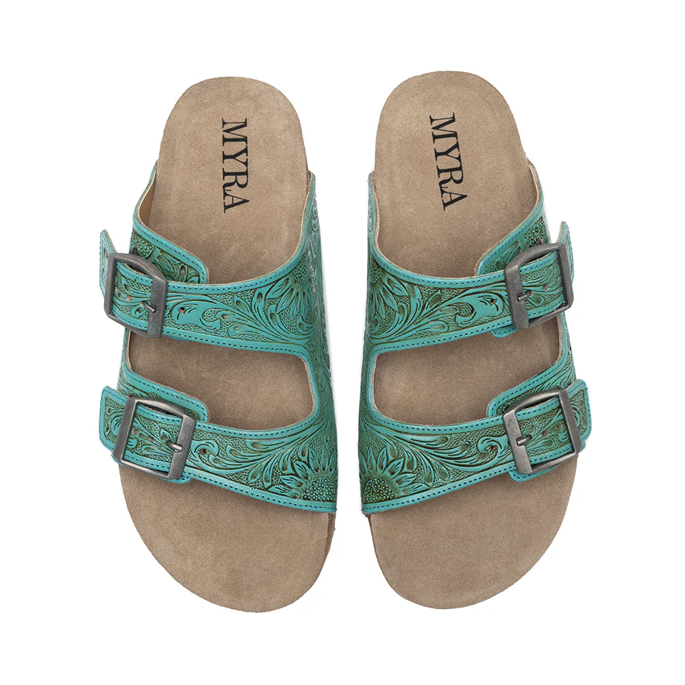 Myra Verdent Ranges Leather Sandals - Handtooled Dual Buckle Sandals with Soft Cushioning for Everyday Cool